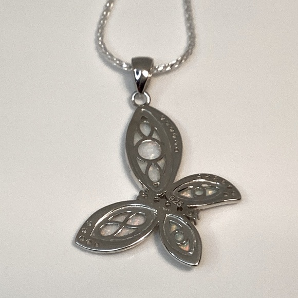 .925 Sterling Silver Lab Created Opal & Cz Butterfly Necklace - Picture 15 of 17